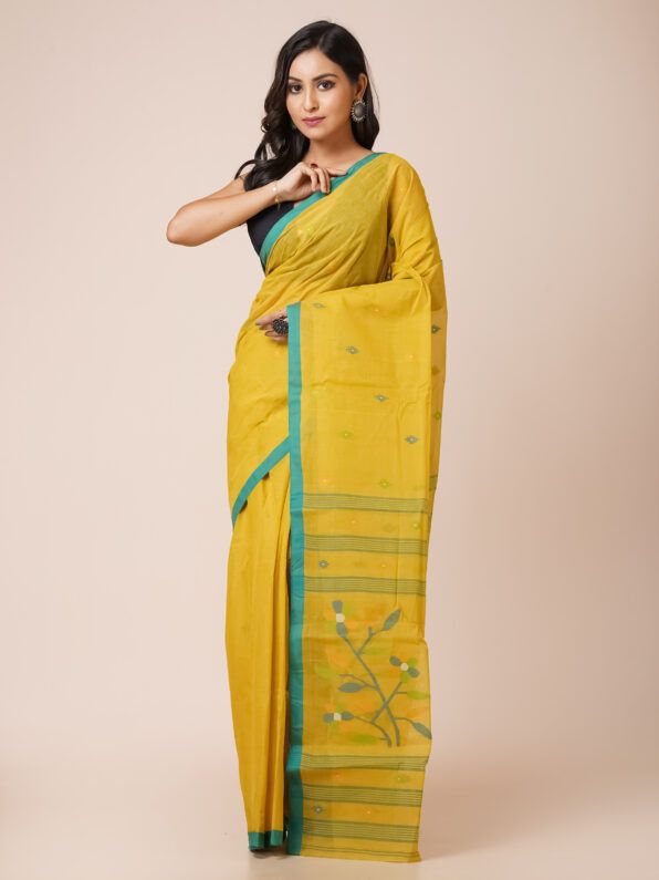 A bright yellow Handloom Jamdani Cotton saree with intricate pastel floral motifs and a contrasting turquoise blue border.