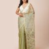 A pale green pure Muslin saree featuring handwoven bird motifs and a soft gold zari border.