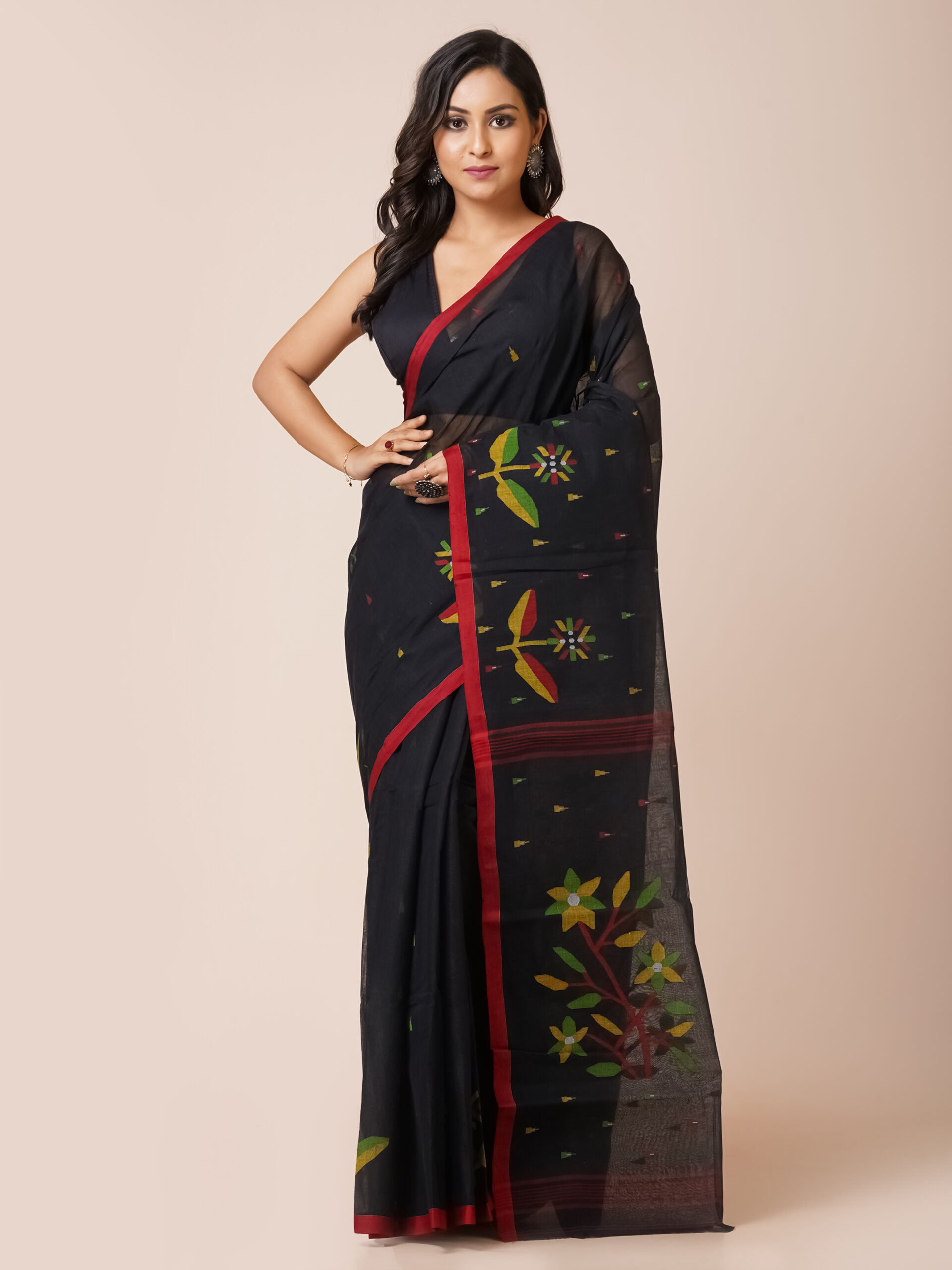 "MIDNIGHT MUSE" A CLASSIC PURE COTTON BLACK JAMDANI SAREE