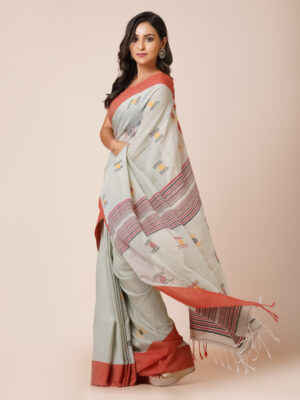 “GREY & ORANGE FUSION” BLENDED COTTON SAREE