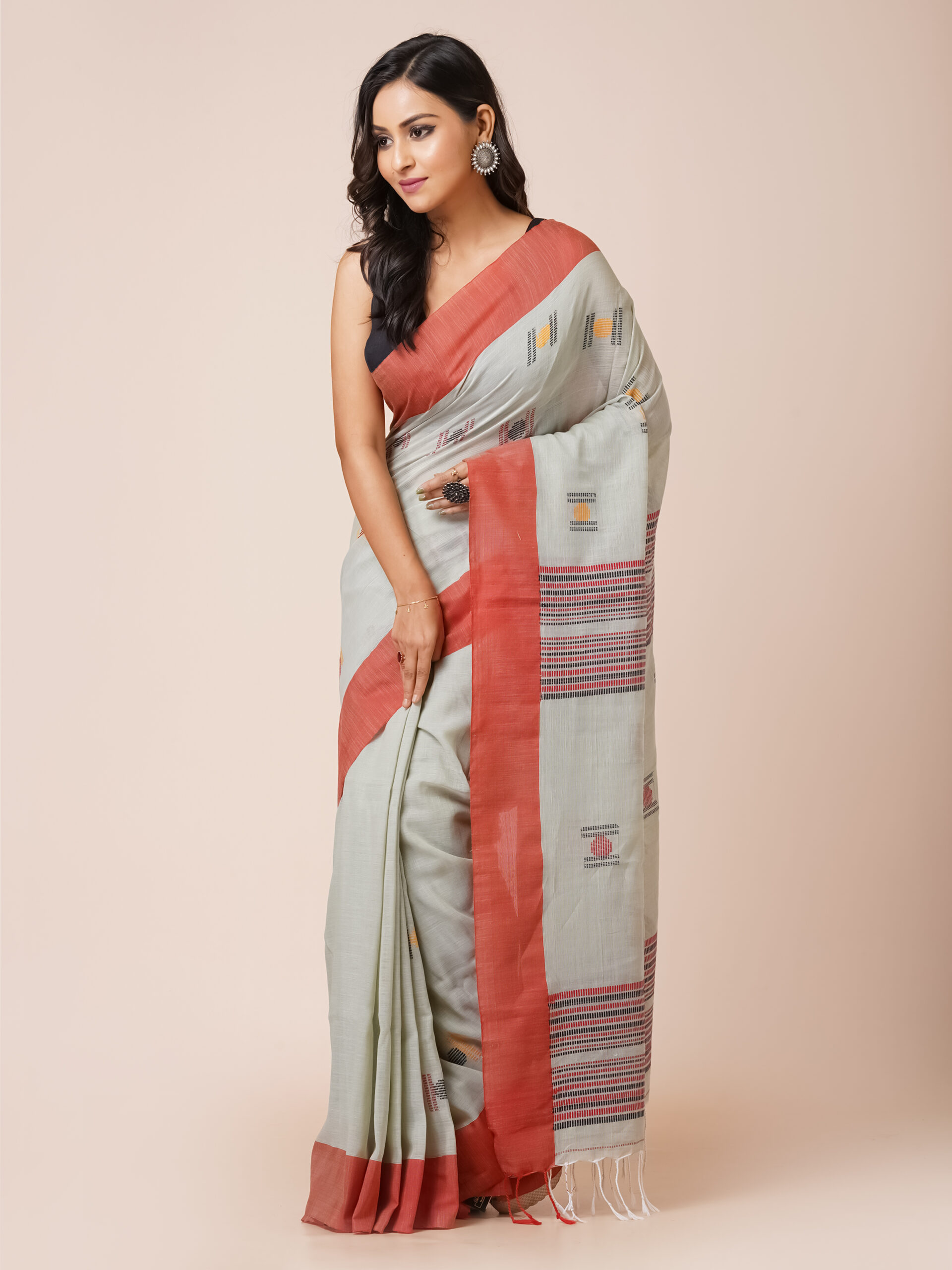 "GREY & ORANGE FUSION" BLENDED COTTON SAREE